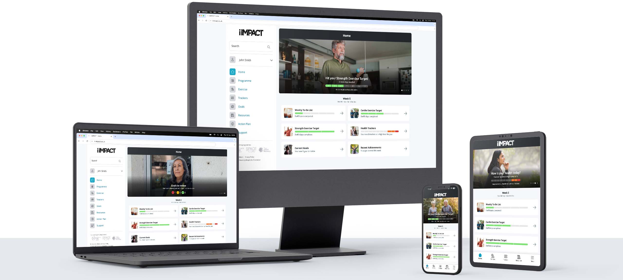 Laptop, Desktop, Mobile Phone and Tablet screens all showing the Home screen of i-IMPACT