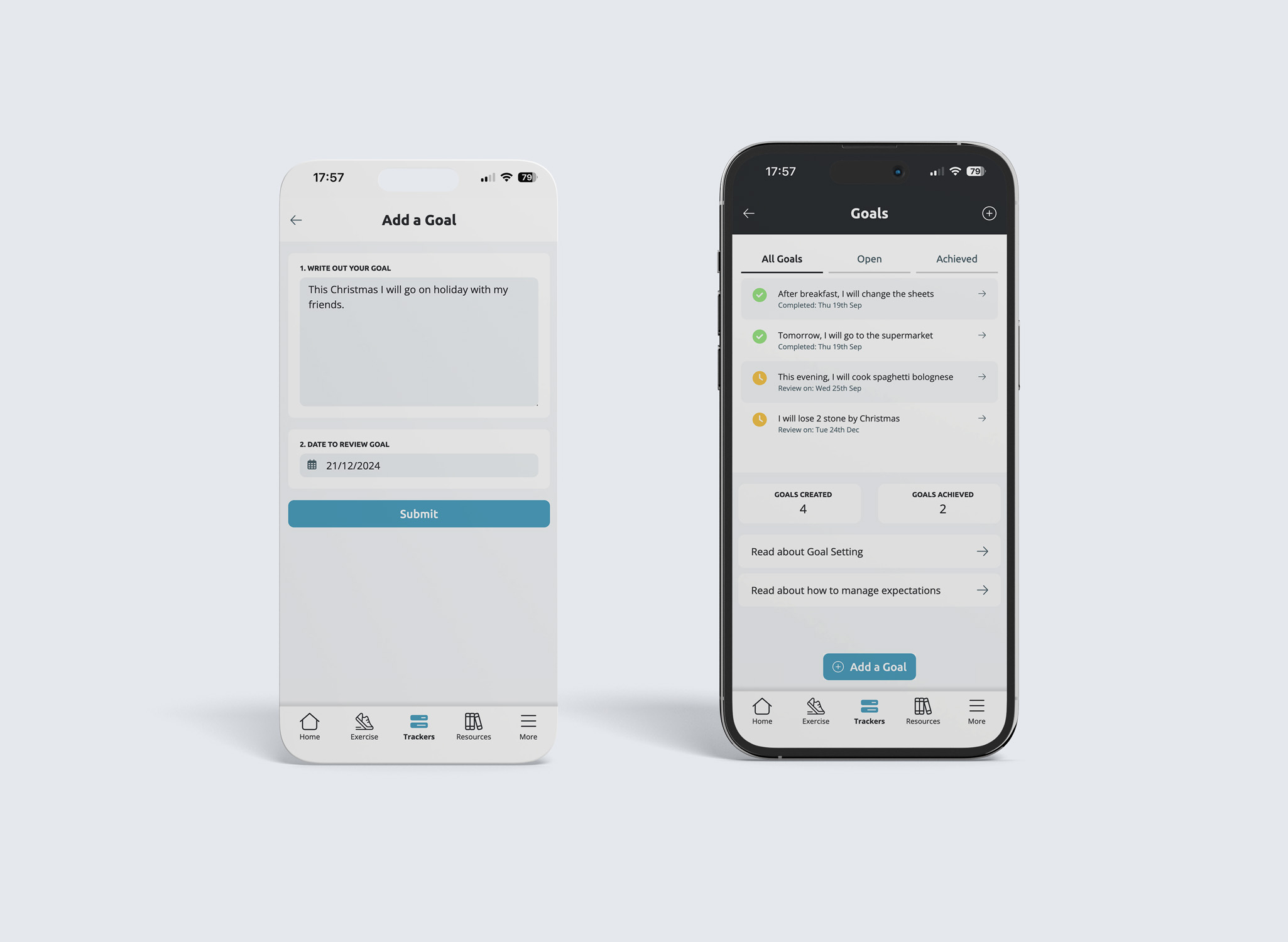 Mobile phone screenshots from the Goals section of i-IMPACT
