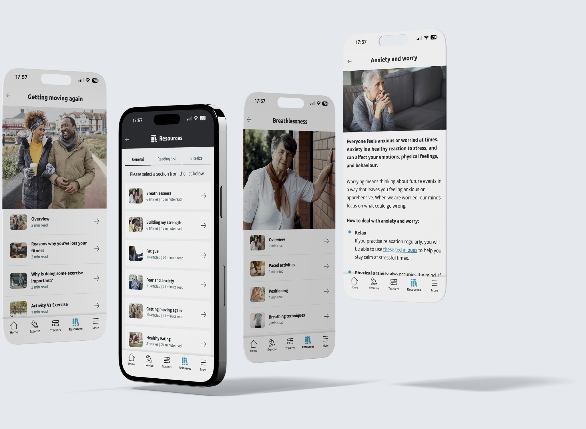 Mobile phone screenshots from the Resources section of i-IMPACT